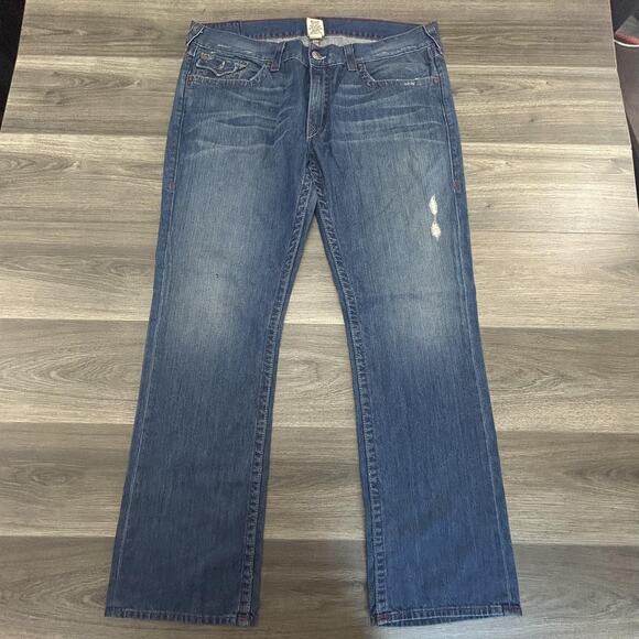 True Religion Jeans Mens 40 Straight Denim Made in USA Distressed Red Stitching - Picture 1 of 9